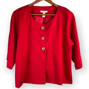 SHERRY TAYLOR Linen Blend Collarless Blazer Red 3 Button Size M